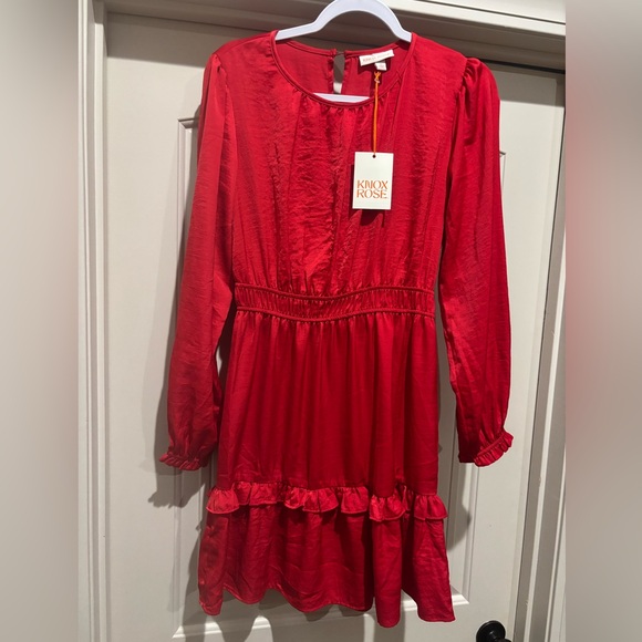 Women’s satin red long sleeve dress with ruffles - Picture 2 of 4